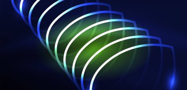 Neon lazer hatları, daire dalgaları soyut arkaplan. Neon ışığı ya da lazer gösterisi, elektrik akımı, güç hatları, tekno kuantum enerji dürtüsü, parlayan sihirli dinamik çizgiler.