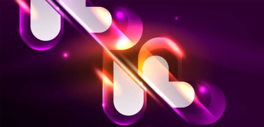 Neon parlayan geometrik şekiller vektör soyut arkaplanı. Yuvarlak elementler, ışık efektleri ve renk arkaplanlı parlak cam. Uzay kozmik ya da sihirli enerji duvar kağıdı