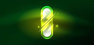 Neon parlayan geometrik şekiller vektör soyut arkaplanı. Yuvarlak elementler, ışık efektleri ve renk arkaplanlı parlak cam. Uzay kozmik ya da sihirli enerji duvar kağıdı