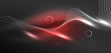 Neon lazer hatları, daire dalgaları soyut arkaplan. Neon ışığı ya da lazer gösterisi, elektrik akımı, güç hatları, tekno kuantum enerji dürtüsü, parlayan sihirli dinamik çizgiler.