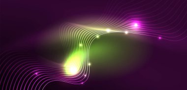 Parlak neon dalgalar. Neon ışığı ya da lazer gösterisi, elektrik akımı, güç hatları, tekno kuantum enerji dürtüsü, parlayan sihirli dinamik çizgiler.