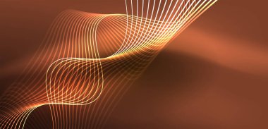 Parlak neon dalgalar. Neon ışığı ya da lazer gösterisi, elektrik akımı, güç hatları, tekno kuantum enerji dürtüsü, parlayan sihirli dinamik çizgiler.