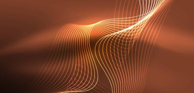 Parlak neon dalgalar. Neon ışığı ya da lazer gösterisi, elektrik akımı, güç hatları, tekno kuantum enerji dürtüsü, parlayan sihirli dinamik çizgiler.