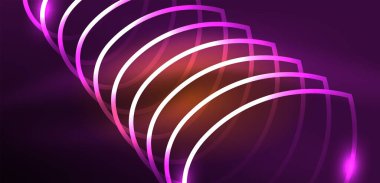 Neon çizgileri ve dalgalar soyut arkaplan. Duvar kağıdı, pankart, arkaplan, iniş sayfası, duvar sanatı, davetiye, baskılar, posterler için parlayan tekno neon şekiller vektör ilülasyonu