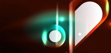 Neon parlayan geometrik şekiller vektör soyut arkaplanı. Yuvarlak elementler, ışık efektleri ve renk arkaplanlı parlak cam. Uzay kozmik ya da sihirli enerji duvar kağıdı