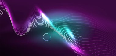 Neon çizgileri ve dalgalar soyut arkaplan. Duvar kağıdı, pankart, arkaplan, iniş sayfası, duvar sanatı, davetiye, baskılar, posterler için parlayan tekno neon şekiller vektör ilülasyonu