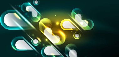 Neon parlayan geometrik şekiller vektör soyut arkaplanı. Yuvarlak elementler, ışık efektleri ve renk arkaplanlı parlak cam. Uzay kozmik ya da sihirli enerji duvar kağıdı