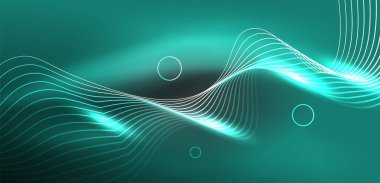 Neon çizgileri ve dalgalar soyut arkaplan. Duvar kağıdı, pankart, arkaplan, iniş sayfası, duvar sanatı, davetiye, baskılar, posterler için parlayan tekno neon şekiller vektör ilülasyonu