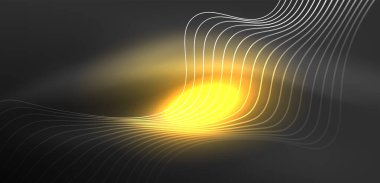 Parlak neon dalgalar. Neon ışığı ya da lazer gösterisi, elektrik akımı, güç hatları, tekno kuantum enerji dürtüsü, parlayan sihirli dinamik çizgiler.