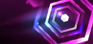 Soyut arka plan tekno neon altıgenleri. Duvar kağıdı, afiş, arkaplan, iniş sayfası, duvar resimleri, davetiye, baskılar, posterler için yüksek teknoloji vektör ilüstrasyonuName