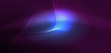 Parlak neon dalgalar. Neon ışığı ya da lazer gösterisi, elektrik akımı, güç hatları, tekno kuantum enerji dürtüsü, parlayan sihirli dinamik çizgiler.