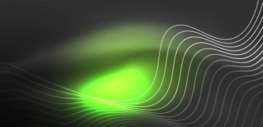 Parlak neon dalgalar. Neon ışığı ya da lazer gösterisi, elektrik akımı, güç hatları, tekno kuantum enerji dürtüsü, parlayan sihirli dinamik çizgiler.