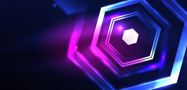 Altıgen soyut arkaplan. Duvar kağıdı, afiş, arkaplan, iniş sayfası, duvar sanatı, davetiye, baskılar için tekno parlayan neon altıgen şekiller vektör ilüstrasyonunu şekillendirir