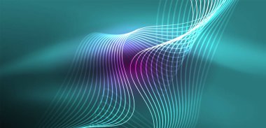 Parlak neon dalgalar. Neon ışığı ya da lazer gösterisi, elektrik akımı, güç hatları, tekno kuantum enerji dürtüsü, parlayan sihirli dinamik çizgiler.