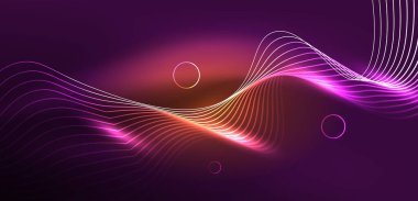 Neon çizgileri ve dalgalar soyut arkaplan. Duvar kağıdı, pankart, arkaplan, iniş sayfası, duvar sanatı, davetiye, baskılar, posterler için parlayan tekno neon şekiller vektör ilülasyonu