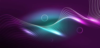 Neon çizgileri ve dalgalar soyut arkaplan. Duvar kağıdı, pankart, arkaplan, iniş sayfası, duvar sanatı, davetiye, baskılar, posterler için parlayan tekno neon şekiller vektör ilülasyonu