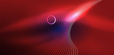 Neon lazer hatları, daire dalgaları soyut arkaplan. Neon ışığı ya da lazer gösterisi, elektrik akımı, güç hatları, tekno kuantum enerji dürtüsü, parlayan sihirli dinamik çizgiler.