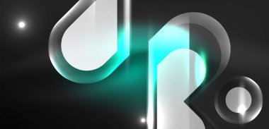 Neon parlayan geometrik şekiller vektör soyut arkaplanı. Yuvarlak elementler, ışık efektleri ve renk arkaplanlı parlak cam. Uzay kozmik ya da sihirli enerji duvar kağıdı