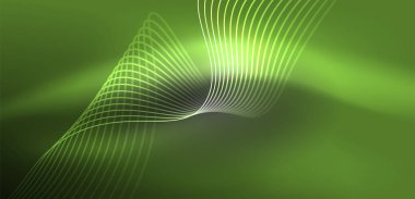 Parlak neon dalgalar. Neon ışığı ya da lazer gösterisi, elektrik akımı, güç hatları, tekno kuantum enerji dürtüsü, parlayan sihirli dinamik çizgiler.