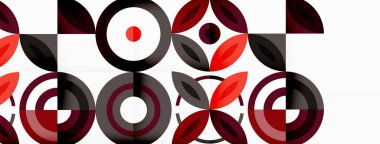 Soyut arkaplan - minimalist daireler ve çeşitli boyutlarda daireler ve diğer geometrik şekillerle yuvarlak elementler bileşimi. Elementler simetrik olarak şebekeye benzer bir şekilde dizilmiştir.