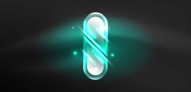 Neon parlayan geometrik şekiller vektör soyut arkaplanı. Yuvarlak elementler, ışık efektleri ve renk arkaplanlı parlak cam. Uzay kozmik ya da sihirli enerji duvar kağıdı