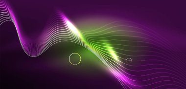 Neon çizgileri ve dalgalar soyut arkaplan. Duvar kağıdı, pankart, arkaplan, iniş sayfası, duvar sanatı, davetiye, baskılar, posterler için parlayan tekno neon şekiller vektör ilülasyonu