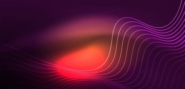 Parlak neon dalgalar. Neon ışığı ya da lazer gösterisi, elektrik akımı, güç hatları, tekno kuantum enerji dürtüsü, parlayan sihirli dinamik çizgiler.