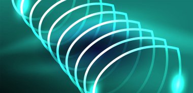 Neon lazer hatları, daire dalgaları soyut arkaplan. Neon ışığı ya da lazer gösterisi, elektrik akımı, güç hatları, tekno kuantum enerji dürtüsü, parlayan sihirli dinamik çizgiler.