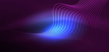 Parlak neon dalgalar. Neon ışığı ya da lazer gösterisi, elektrik akımı, güç hatları, tekno kuantum enerji dürtüsü, parlayan sihirli dinamik çizgiler.