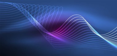 Parlak neon dalgalar. Neon ışığı ya da lazer gösterisi, elektrik akımı, güç hatları, tekno kuantum enerji dürtüsü, parlayan sihirli dinamik çizgiler.