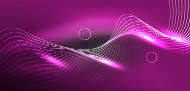 Neon lazer hatları, daire dalgaları soyut arkaplan. Neon ışığı ya da lazer gösterisi, elektrik akımı, güç hatları, tekno kuantum enerji dürtüsü, parlayan sihirli dinamik çizgiler.