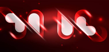 Neon parlayan geometrik şekiller vektör soyut arkaplanı. Yuvarlak elementler, ışık efektleri ve renk arkaplanlı parlak cam. Uzay kozmik ya da sihirli enerji duvar kağıdı