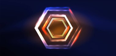 Altıgen soyut arkaplan. Duvar kağıdı, afiş, arkaplan, iniş sayfası, duvar sanatı, davetiye, baskılar için tekno parlayan neon altıgen şekiller vektör ilüstrasyonunu şekillendirir