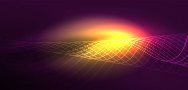 Parlak neon dalgalar. Neon ışığı ya da lazer gösterisi, elektrik akımı, güç hatları, tekno kuantum enerji dürtüsü, parlayan sihirli dinamik çizgiler.