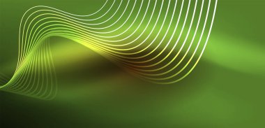 Parlak neon dalgalar. Neon ışığı ya da lazer gösterisi, elektrik akımı, güç hatları, tekno kuantum enerji dürtüsü, parlayan sihirli dinamik çizgiler.