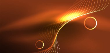 Neon çizgileri ve dalgalar soyut arkaplan. Duvar kağıdı, pankart, arkaplan, iniş sayfası, duvar sanatı, davetiye, baskılar, posterler için parlayan tekno neon şekiller vektör ilülasyonu