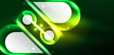 Neon parlayan geometrik şekiller vektör soyut arkaplanı. Yuvarlak elementler, ışık efektleri ve renk arkaplanlı parlak cam. Uzay kozmik ya da sihirli enerji duvar kağıdı