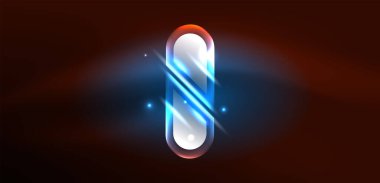 Neon parlayan geometrik şekiller vektör soyut arkaplanı. Yuvarlak elementler, ışık efektleri ve renk arkaplanlı parlak cam. Uzay kozmik ya da sihirli enerji duvar kağıdı