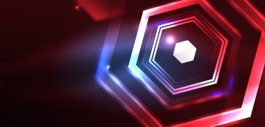 Soyut arka plan tekno neon altıgenleri. Duvar kağıdı, afiş, arkaplan, iniş sayfası, duvar resimleri, davetiye, baskılar, posterler için yüksek teknoloji vektör ilüstrasyonuName