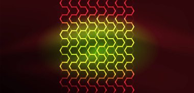 Soyut arka plan tekno neon altıgenleri. Duvar kağıdı, afiş, arkaplan, iniş sayfası, duvar resimleri, davetiye, baskılar, posterler için yüksek teknoloji vektör ilüstrasyonuName