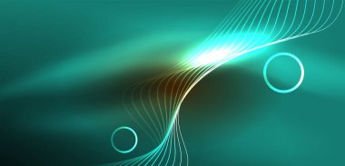 Neon çizgileri ve dalgalar soyut arkaplan. Duvar kağıdı, pankart, arkaplan, iniş sayfası, duvar sanatı, davetiye, baskılar, posterler için parlayan tekno neon şekiller vektör ilülasyonu