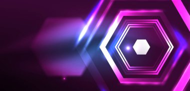 Soyut arka plan tekno neon altıgenleri. Duvar kağıdı, afiş, arkaplan, iniş sayfası, duvar resimleri, davetiye, baskılar, posterler için yüksek teknoloji vektör ilüstrasyonuName