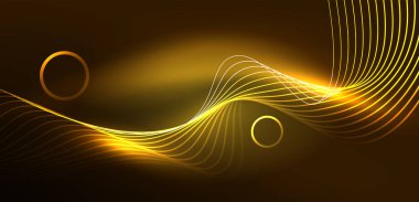 Neon çizgileri ve dalgalar soyut arkaplan. Duvar kağıdı, pankart, arkaplan, iniş sayfası, duvar sanatı, davetiye, baskılar, posterler için parlayan tekno neon şekiller vektör ilülasyonu