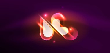 Neon parlayan geometrik şekiller vektör soyut arkaplanı. Yuvarlak elementler, ışık efektleri ve renk arkaplanlı parlak cam. Uzay kozmik ya da sihirli enerji duvar kağıdı