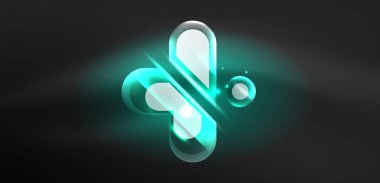 Neon parlayan geometrik şekiller vektör soyut arkaplanı. Yuvarlak elementler, ışık efektleri ve renk arkaplanlı parlak cam. Uzay kozmik ya da sihirli enerji duvar kağıdı