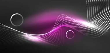 Neon lazer hatları, daire dalgaları soyut arkaplan. Neon ışığı ya da lazer gösterisi, elektrik akımı, güç hatları, tekno kuantum enerji dürtüsü, parlayan sihirli dinamik çizgiler.