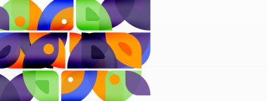 Renkli minimetrik geometrik soyut arkaplan. Yuvarlak elementlerle üçgen şekli, daireler. Duvar kağıdı, afiş, arkaplan veya iniş için moda tekno iş şablonu