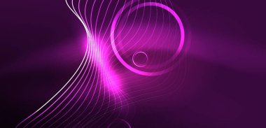 Neon çizgileri ve dalgalar soyut arkaplan. Duvar kağıdı, pankart, arkaplan, iniş sayfası, duvar sanatı, davetiye, baskılar, posterler için parlayan tekno neon şekiller vektör ilülasyonu