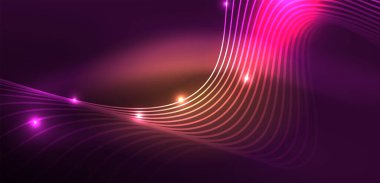 Parlak neon dalgalar. Neon ışığı ya da lazer gösterisi, elektrik akımı, güç hatları, tekno kuantum enerji dürtüsü, parlayan sihirli dinamik çizgiler.