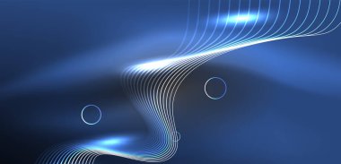 Neon lazer hatları, daire dalgaları soyut arkaplan. Neon ışığı ya da lazer gösterisi, elektrik akımı, güç hatları, tekno kuantum enerji dürtüsü, parlayan sihirli dinamik çizgiler.